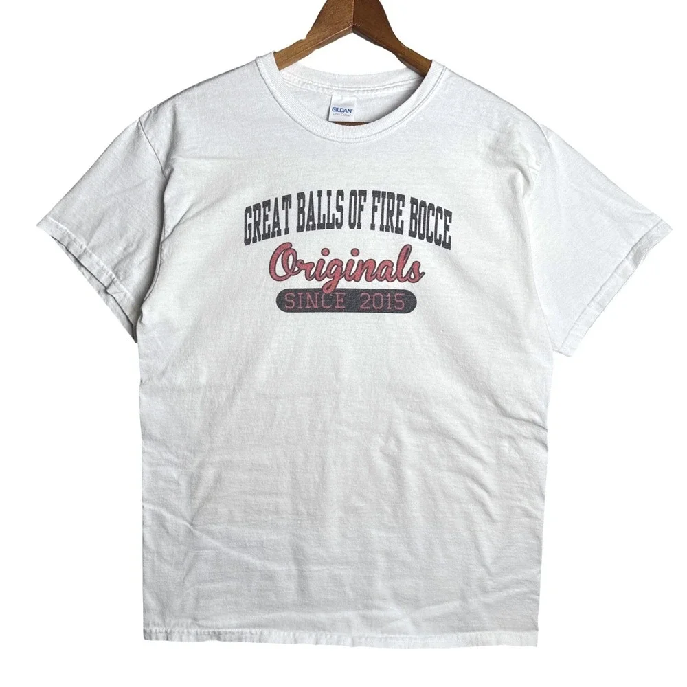 Gildan‎ Great Balls of Fire Bocce Originals Graphic T-Shirt Mens Medium White